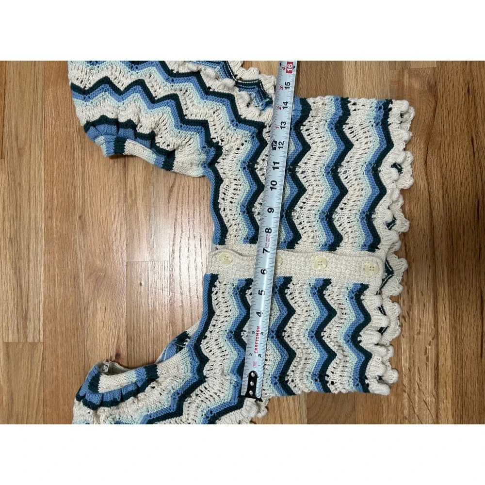 Zara Chevron Crochet Crop Top Womens Med Blue Cream Boho Zigzag Hippie